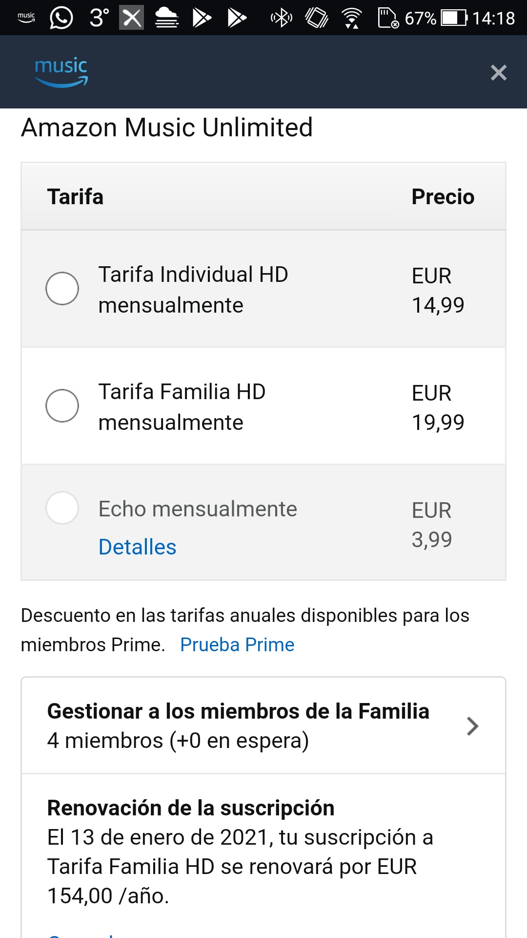 He estado suscrito a Amazon Music HD Family en periodo de prueba. Al renovar la suscripcion ANUAL me ha bajado a Amazon Music Unlimited y no me deja actualizar a HD Por